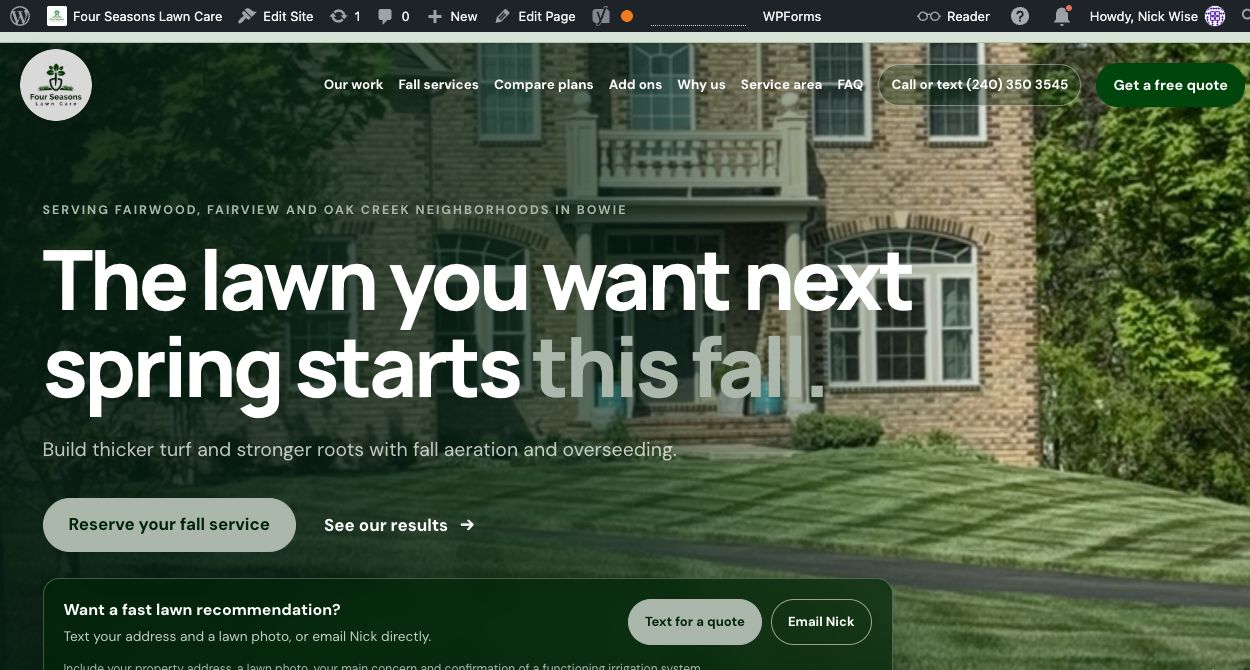 Four Seasons Lawn Care website with a residential lawn photograph, service navigation, and quote calls to action