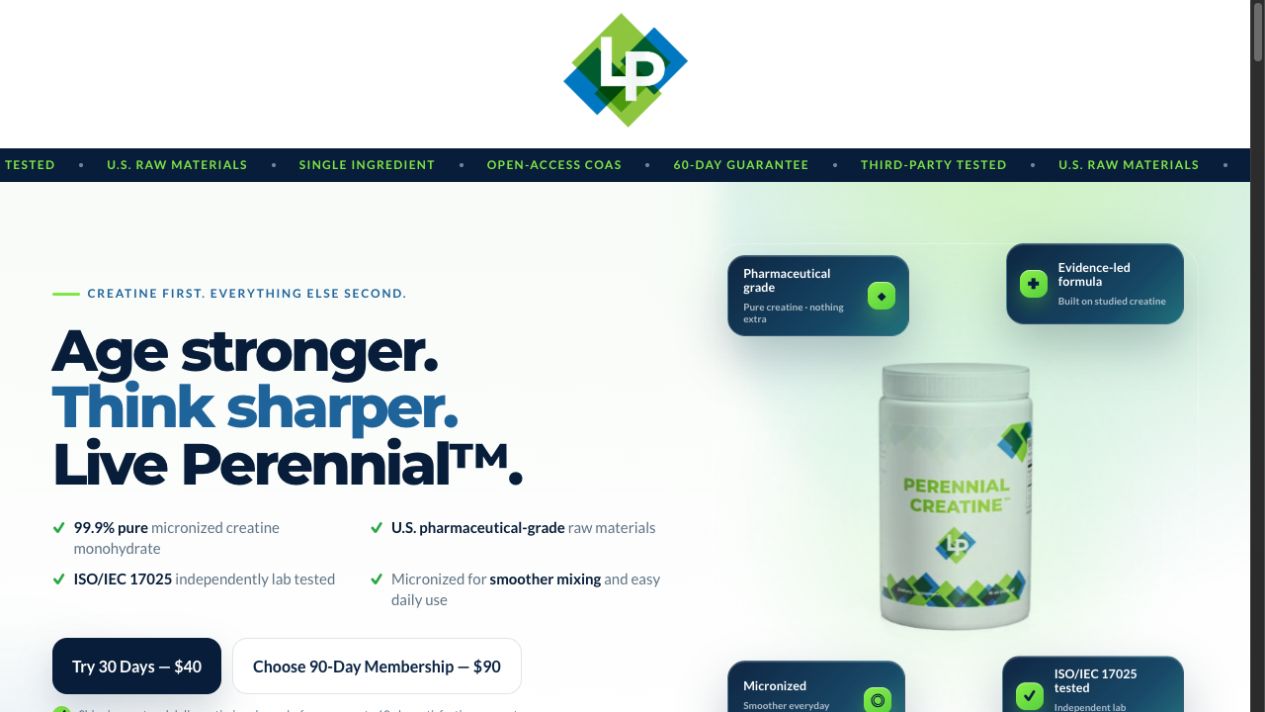 Live Perennial supplement website featuring its creatine product, brand identity, and purchase options
