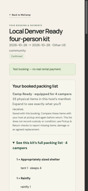 WeCamp development screen showing a test booking confirmation and the saved equipment packing list
