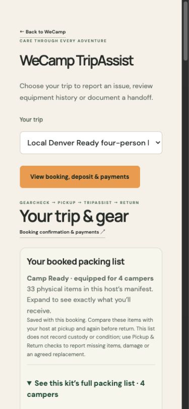 WeCamp TripAssist development screen showing trip details and the same booked packing list